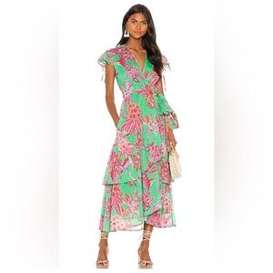 Banjanan Mercy wrap midi dress tropical flamingo size S fits S/M boho palm beach